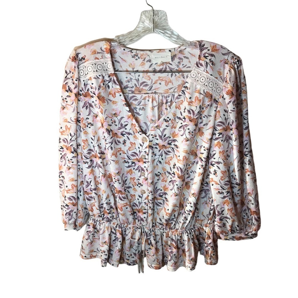 Melloday women’s V-neck floral popover peasant blouse size M 3/4 sleeve